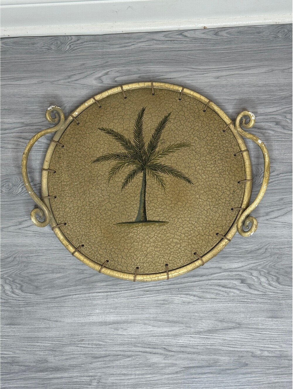 Gold Palm Tree Decorative Tray Round Tropical Coastal Scroll Handles